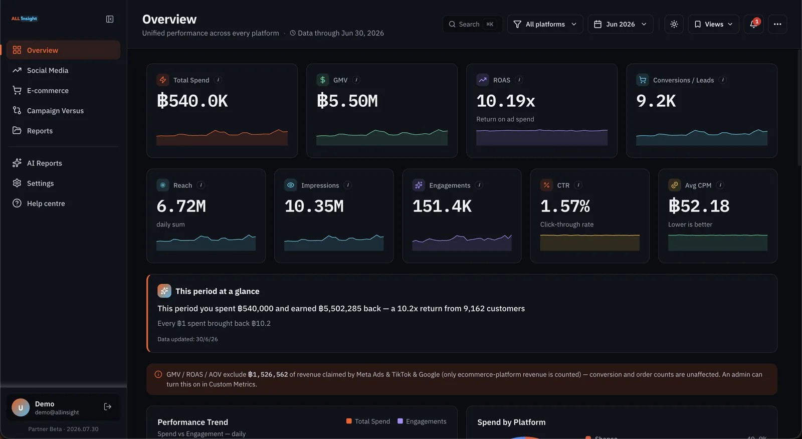ALL IN SIGHT Overview — total spend, GMV, ROAS, conversions, reach and engagement from every platform on one screen