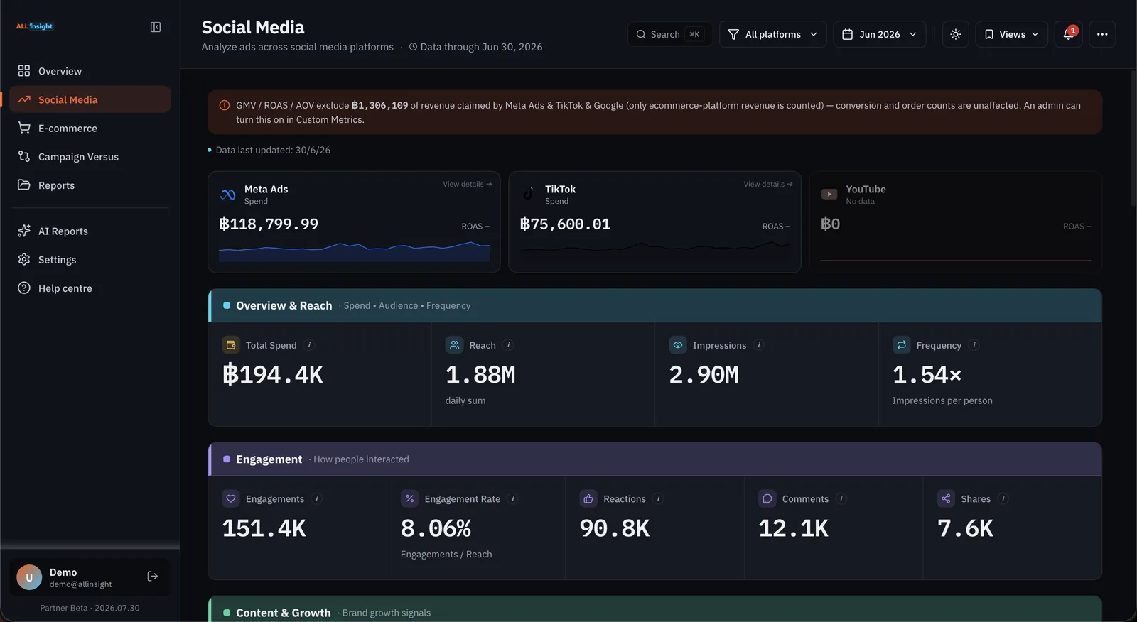 ALL IN SIGHT Social Media — spend and ROAS per platform, plus reach, frequency and engagement breakdowns